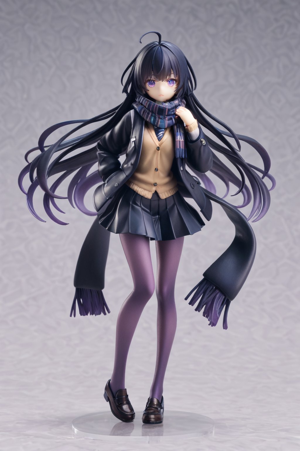 score_9,score_8_up,score_7_up,ClrSkt, 1girl, absurdly long hair, ahoge, black hair, black jacket, black scarf, black skirt, jacket, leaning forward, long hair, long scarf, looking at viewer, open clothes, open jacket, pantyhose, pleated skirt, purple eyes, purple pantyhose, scarf, school uniform, skirt, solo, very long hair, vest,3D,PVC Style