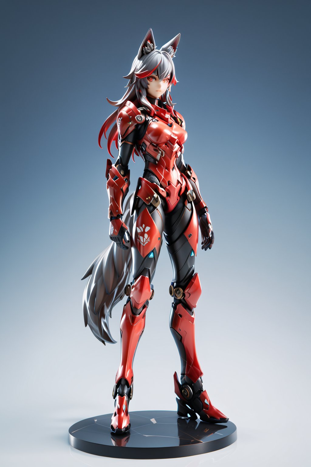 8k, masterpiece, solo, robotic body, wolf, red highlights, red eyes, wolf ears, snout, wolf tail, black sci-fi armor, fullbody, score_9_up, score_8_up,score_7_up,3D,PVC Style