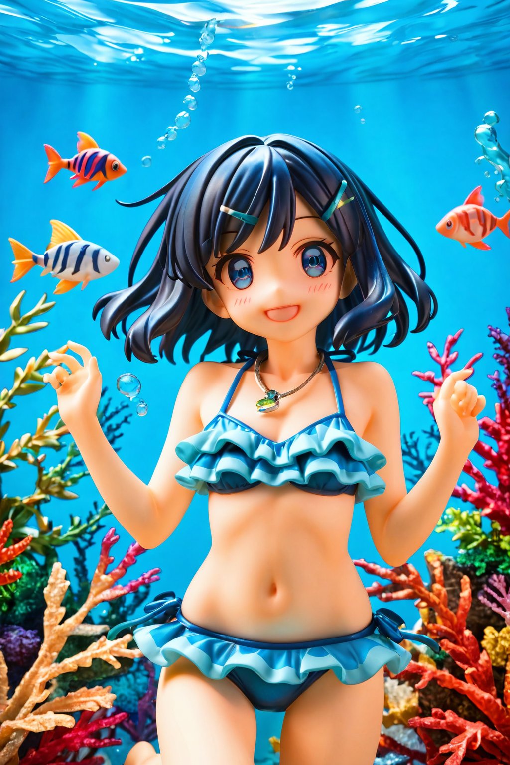 masterpiece, best quality, sky, 1girl,liko_pokemno,short_hair, blue_hair,Hair blush,blue_eyes, Young, Cute,Slim,Collarbone,Necklace,Pendant, Bangs Fastened,Hair Clips (V-Shape, Green),black hair/Blue Strands back (bikini:1.3), hairclip, blue eyes,  clenched fists, nature ,(masterpiece,best quality:1.3),(100+ colorful tropical fish:1.2),(underwater:1.3),floating pose,smile,,(frills bikini,:1.2), (bubble effect:1.3) , ,vivid color,sun shine,(deep detailed eyes:1.3),,Liko_pokemno,more detail XL,Short hair,score_9,score_8_up,score_7_up,3D,PVC Style, full_body,beautiful_female_fingers,perfect hands,detailed hands,beautiful hands