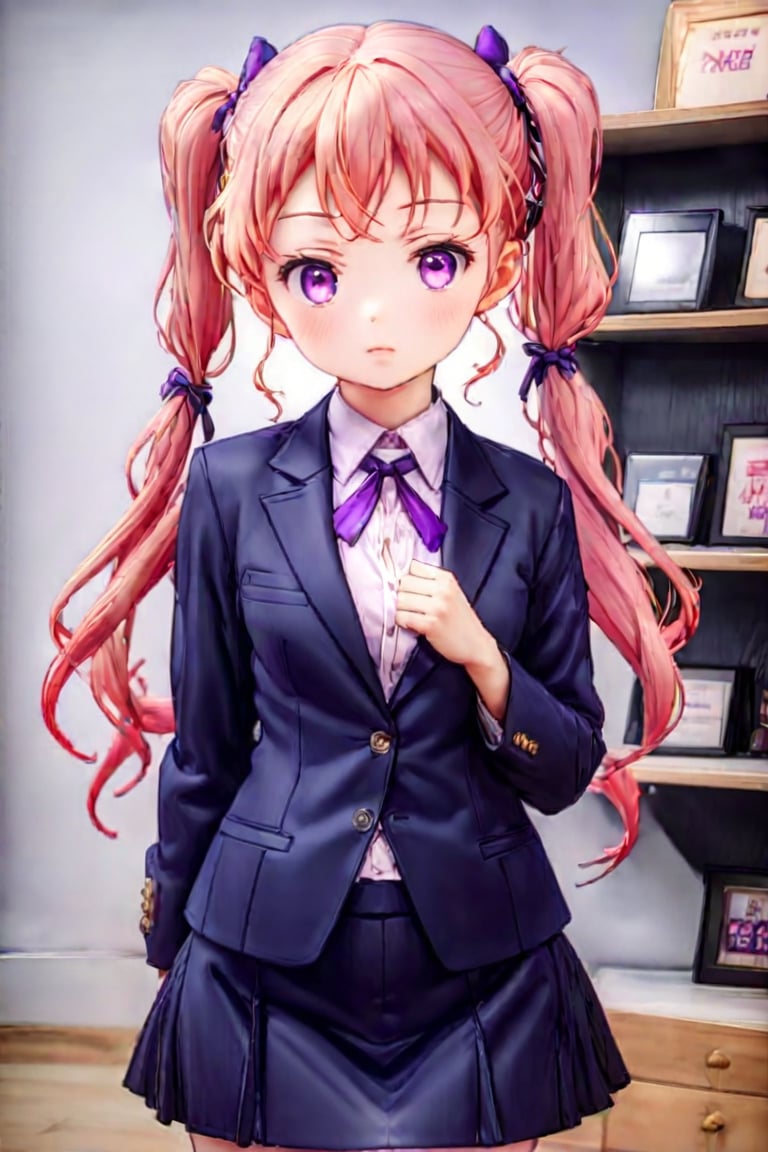 suzukazek aoba, 1girl, long hair, twintails, purple hiar, purple eyes, hair ornament, looking at viewer, blush, V-sharped eyebrows, :o, formal, dark blue jaket suit, dark blue skirt suit , neck ribbon, standing, standing straight, make clenched hands in front of own slightly below the throat, in the collection room, display shelves, fancy items, home game consoles, game pads, puzzles, toys, fancy toys, stuffed toys, anime character figures, shot from front , cowboy shot, suzukaze aoba,3D,PVC,Ink art style