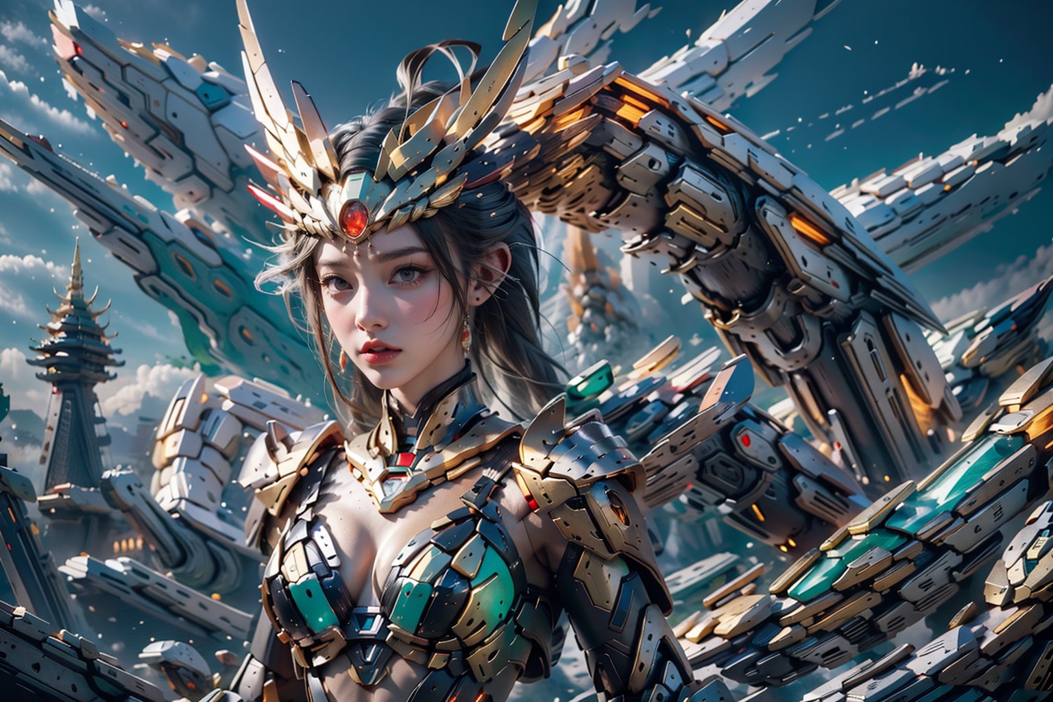 A mecha musume stands proudly in a futuristic cityscape, her black hair flowing behind her like a river of night. She wears a green bikini-armor set adorned with intricate dragon designs, complemented by an armoured mask that covers her Chinese-inspired face. The 5 Green Crystal Mecha Dragons looms large beside her, their scales glistening under the neon lights that illuminate the darkened metropolis.