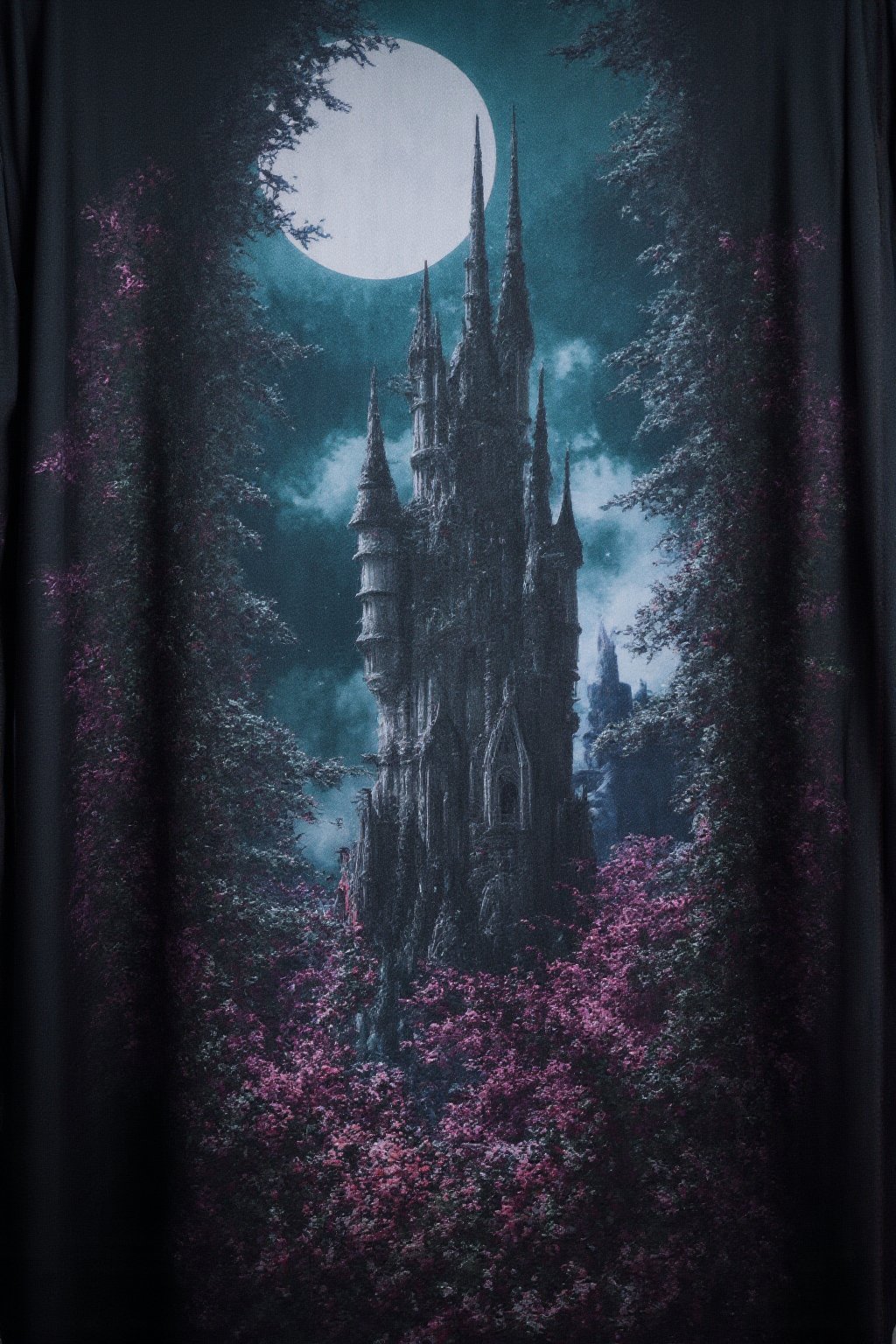 ,T_shirt,Design(Illustration, ukiyo-e, vivid, colorful, masterpiece of high-contrast shadow and light, a gothic castle sitting on edge of a forbidden mystical forest, moonlight, (fog and moonbeams:1.2), (pure black:1.3), and (darkness:1.3), mysticism, fantasy, gothic horror, glowing flora, magical phenomena, ultra realistic painting, intricate, High Detail, Sharp focus, realism, darkness., Katsuhiro Otomo style, superb detail, fantastic, mysterious, detailed background, It must not be commonplace, Must have a very complex structure, Must have a very high degree of randomness, Must be an image that no one has ever seen before, It has to be very original, Must have tremendous detail, It has to be of the highest artistic quality, It has to be the ultimate, Failure is not an option),(((full length shirt)))