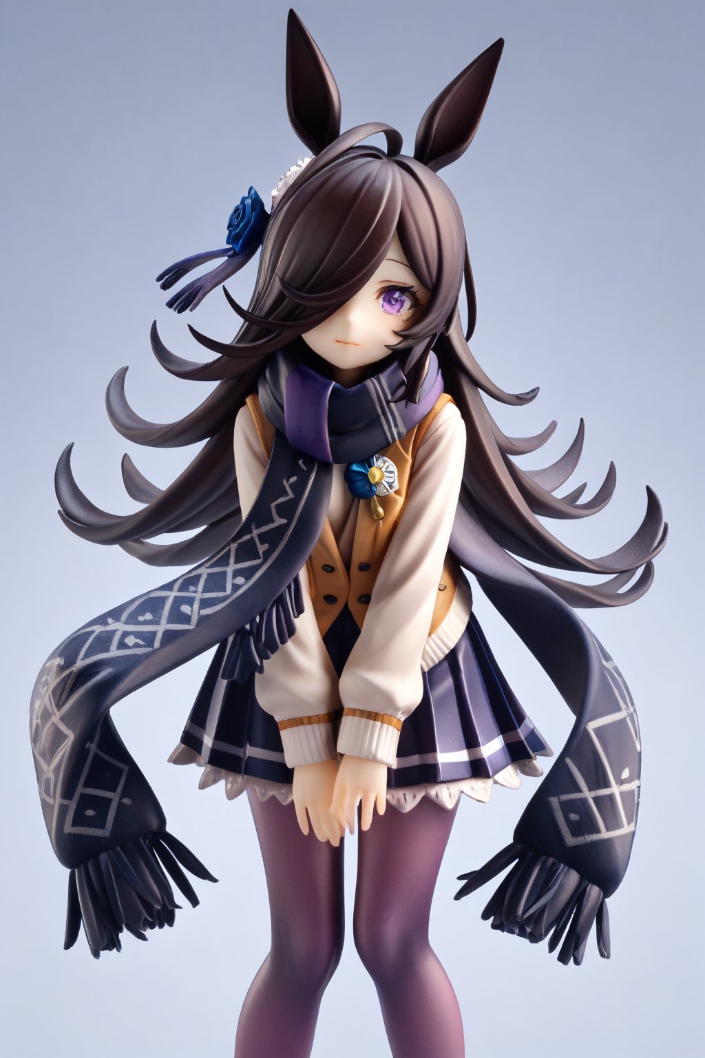 score_9,score_8_up,score_7_up,ClrSkt, 1girl, absurdly long hair, ahoge, black hair, black jacket, black scarf, black skirt, jacket, leaning forward, long hair, long scarf, looking at viewer, open clothes, open jacket, pantyhose, pleated skirt, purple eyes, purple pantyhose, scarf, school uniform, skirt, solo, very long hair, vest,3D,PVC Style,riceshowerXL,RICE SHOWER (UMAMUSUME), ANIMAL EARS,HAIR OVER ONE EYE,HORSE EARS, HORSE GIRL, HORSE TAIL,LONG HAIR, VIOLET EYES