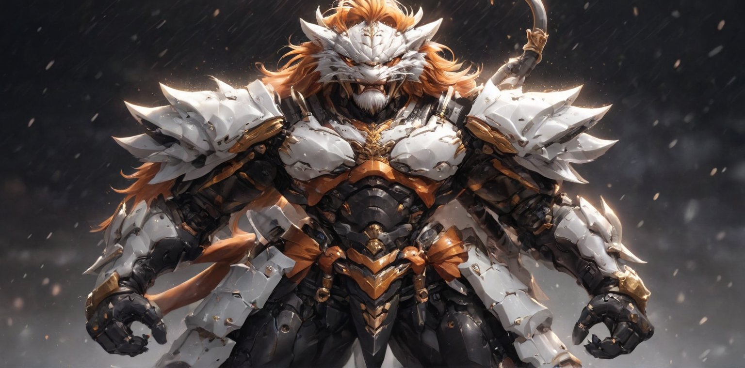 solo, long hair, looking at viewer, 1lion, animal ears, male focus, orange hair, armor, blurry, muscular, feet out of frame, scar, pectorals, muscular male, shoulder white armor, bara, pelvic curtain, furry, clenched hands, large pectorals, rain, furry male, tiger ears, lion boy, white fur, mechanical arms,TR mecha style, (score_9, score_8_up, score_7_up, score_6_up), Dragon,SDXL, 4_arms,shogun style, lion_mane