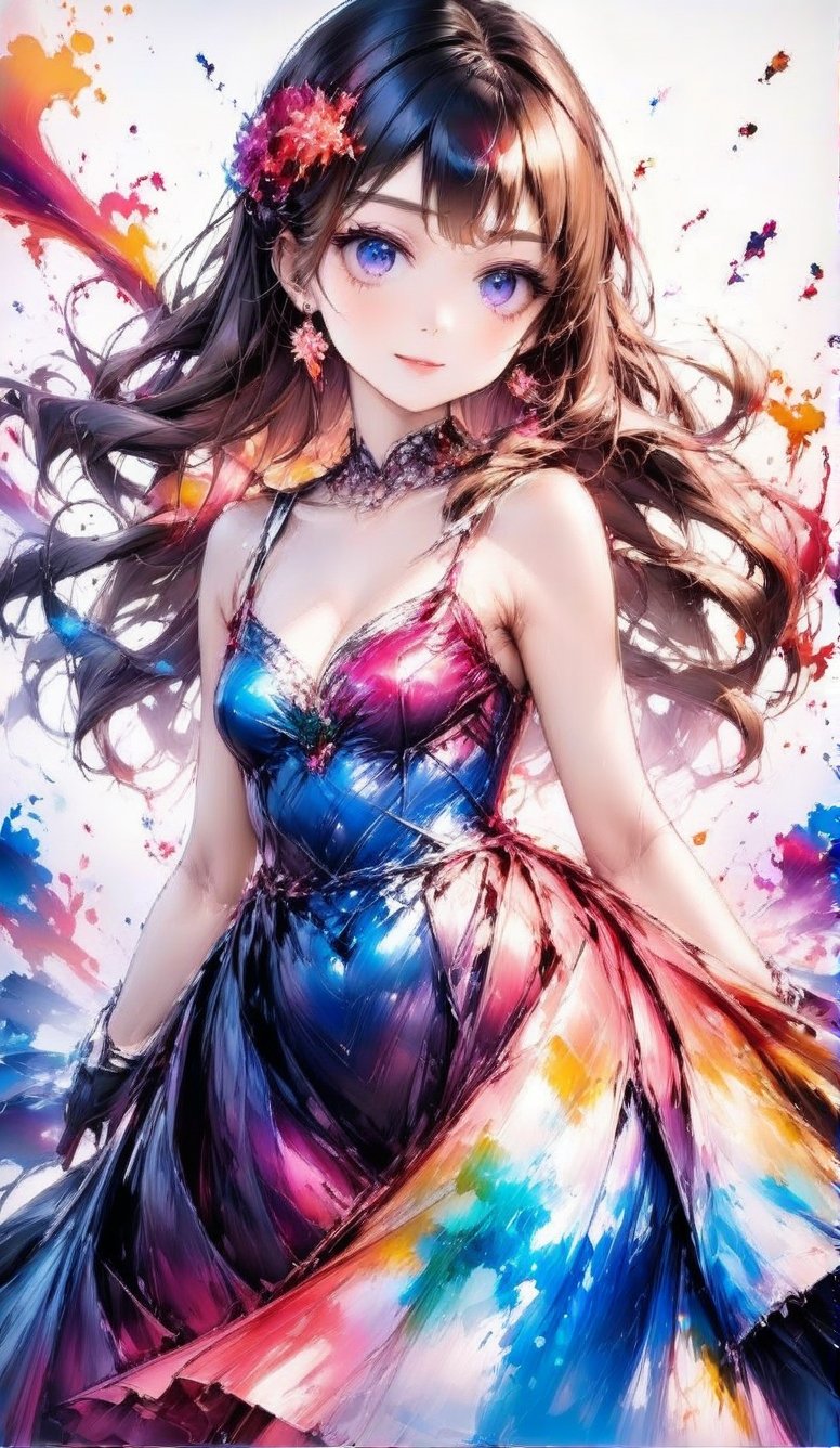 A very beautiful anime girl dressing a elegant dress, her dress is made by ink, looking at viewer, radiant gaze, (front view), upper body, close up, ink brushstrokes in background mastepiece quality, stunning image, colorful, Ink art style.,3D,PVC,vibrant_colors,high_resolution