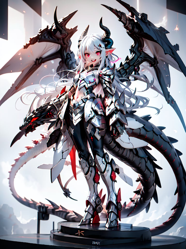 solo, red eyes, 1boy, male focus, wings, horns, teeth, armor, glowing, sharp teeth, black background, glowing eyes, claws, monster,masterpiece,best quality,mecha musume,dragon ear