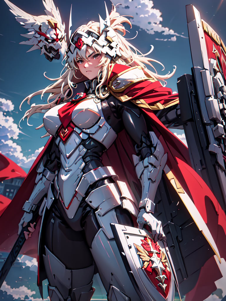 A dramatic close-up shot of a solo, anime-style male figure in full armor, donning a majestic red cape with a flowing plume. He holds a sturdy polearm in one hand and a shield emblazoned with his emblem in the other. His helmet is adorned with a gleaming crest, and his gaze is fixed intently on the viewer. The 3D PVC figure's dynamic pose exudes confidence and strength.masterpiece,best quality, score_9_up, score_8_up, score_7_up,mecha musume