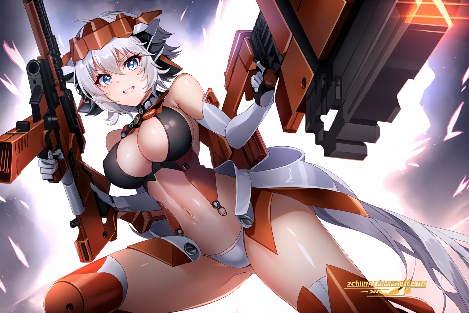Close-up shot of YukineChris, her eyes locked intensely on the lens as she holds a futuristic-looking Gatling gun in each hand. The guns' rotating barrels spin rapidly, casting a metallic whirring sound against the darkened background. Her pose exudes confidence and authority, with one gun pointing directly at the camera while the other is cocked and ready to fire.