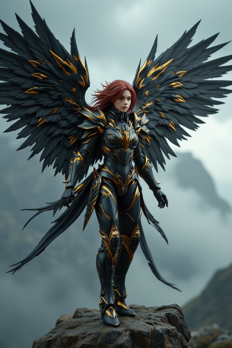 full_body, a young beautiful girl wear a VALKYRIE archangel armored suit, standing cofidently on top of mountain cliff, her (((large, intricately high-tech mecha feathered metal wings))) spread wide as if shielding the viewer from the turbulent weather. The archangel's armor glints with an oil-painted sheen, its intricate details and folds expertly rendered in shades of metallic black carbon fibre and gold steel. (((holding a huge black and gold intricate magic wand))). Her piercing gaze, dark red hair, seems to defy the raging storm, as if calling forth a mighty reckoning.hyperrealism, realistic portrait, photography, true color, subtle lighting, cinematography, Canon EOS R5, RF 85mm, ISO 300, vibrant color, more real realistic, volumetric clear intricate hyper details, volumetric clear texture, clear HD background, ultra HD realistic resolution, realistic shadow, epic fantasy character art, movie still, dramatic shadow, analogue diffusion style, CGSociety, Unreal Engine, Blender rendering, game cinematic, no smoke, mist, or fog, remove blur and noise, Angelic Knight,a 3D rendering of a figurine 