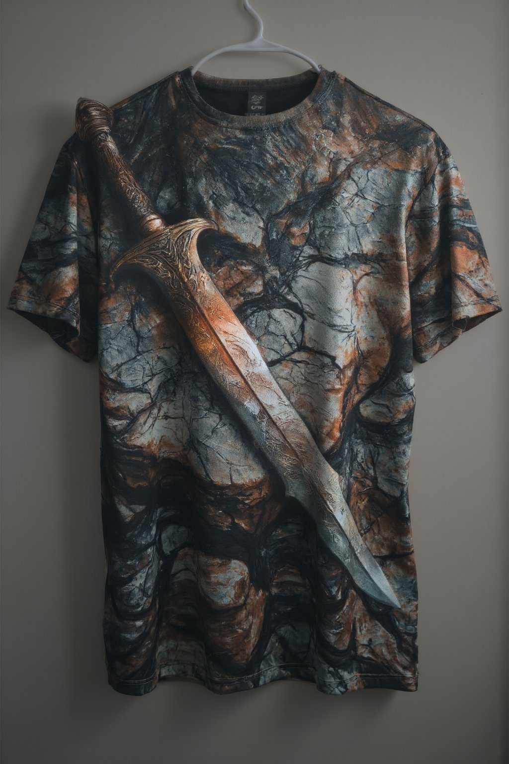 T_shirt with a Design(Photograph of a sword resting on a rocky surface, viewed from directly above. The blade's surface features intricate, sharp-etched patterns resembling a smith's work, with fine lines and details that seem to gleam in the ambient light. The sword's shape and form are prominent against the rugged rock, creating a striking visual contrast between the smooth metal and textured stone, oil painting),full length shirt