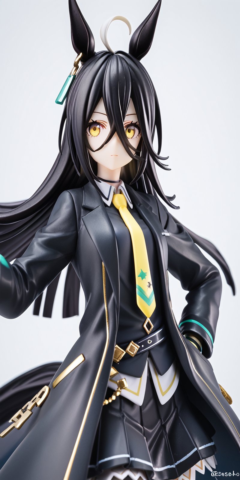 betabeet, ciloranko, rurudo, solo, dark vibe, best quality, 1girl, horse girl, horseears, solo,very long black hair, long bangs,gloves, illustration, gorgerous, delicated eyes, best quality, masterpeice, delicate face, detailed yellow eyes, source_anime,  jima, look at viewer, skirt, shirt, black hair, gloves, long sleeves, white background, animal ears, hair between eyes, jewelry, closed mouth, jacket, tail, yellow eyes, ahoge, pantyhose, earrings, necktie, black gloves, black skirt, coat, black pantyhose,  horse ears, horse girl, horse tail, single earring, black coat, yellow necktie, manhattan cafe \(umamusume\),MANHATTAN CAFE (UMAMUSUME),score_9,PVC Style,score_8_up,score_7_up,3D