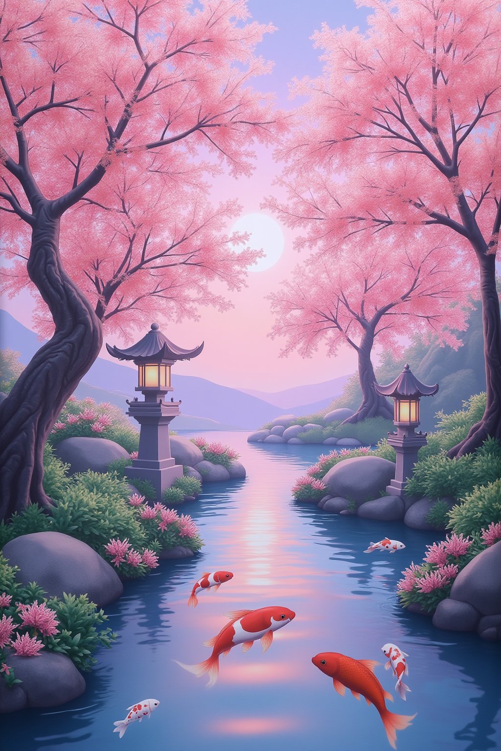 ((T_shirt)),Design(Masterpiece, professional, award-winning, intricate details, ultra high detailed, 64k, dramatic light, volumetric light, A picturesque, clipart-like Japanese cherry blossom garden, with delicate pink blossoms adorning the trees, a tranquil pond with koi fish, and traditional stone lanterns illuminating the path:2, spring serenity, cherry blossom magic, Zen tranquility, Japanese elegance, floral beauty.,ek_art_b00ster,anime,illustrated,FluxBoost),full length shirt