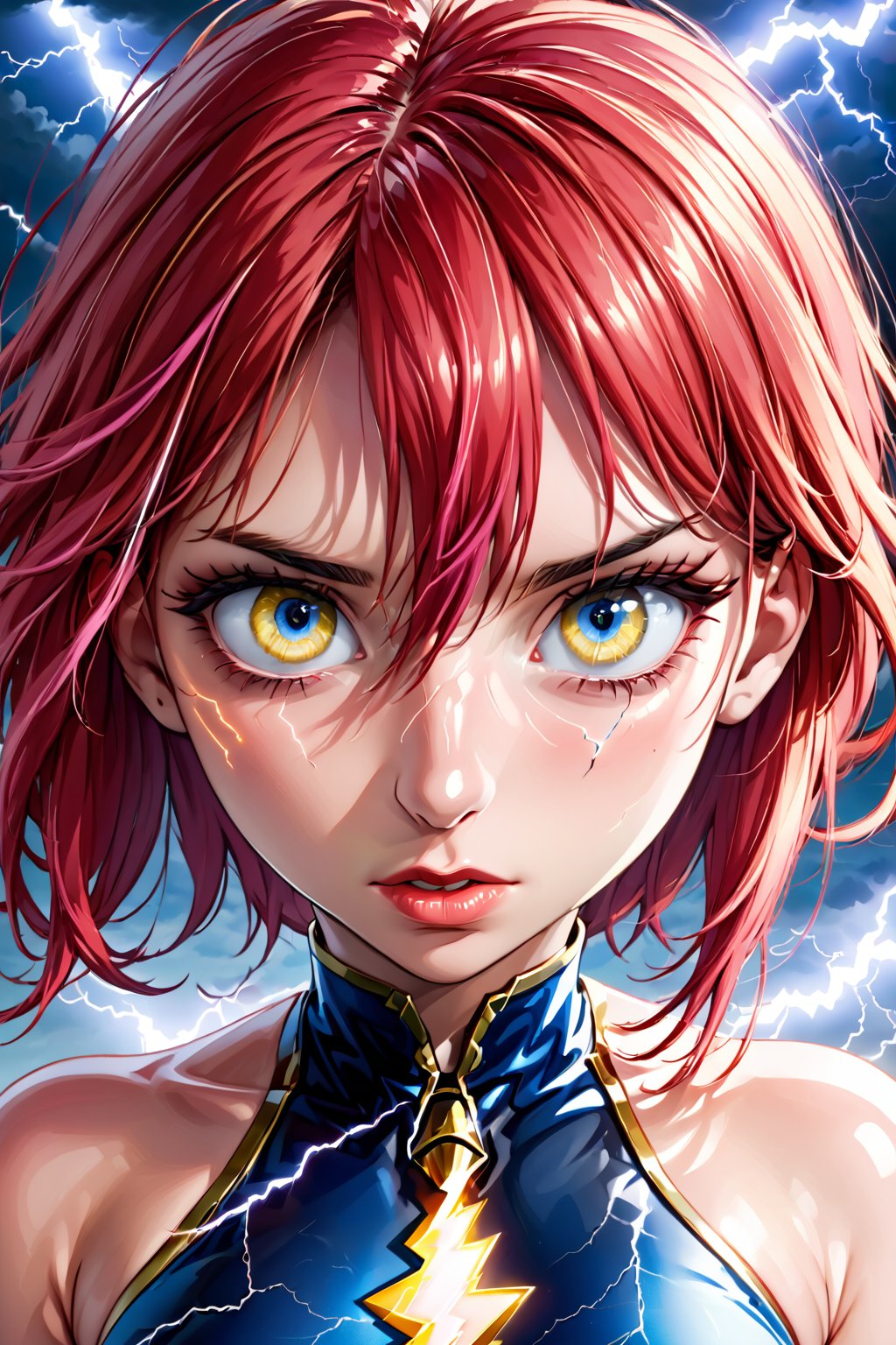 full-body_portrait, More Detail,porcelain_art,add detail,score_9_up,score_8_up,score_7_up,3D, score_9_up, score_8_up,1girl, hair over eyes, heterochromia, blue eyes, yellow eyes, solo,mad-lgthng,lightning,red-framed_eyewear,pink_hair