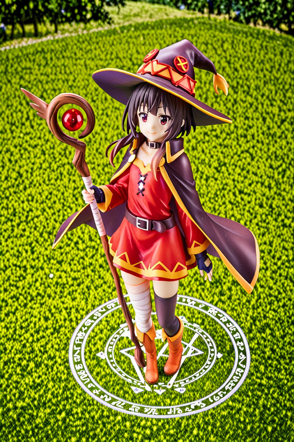 score_9, score_8_up, score_7_up, masterpiece, best quality, high quality, detailed, extremely detailed,
official_art,

1girl, megumin (konosuba), nimugempnxl, short hair, black hair, red eyes, short hair with long locks, beautiful face, kawaii,

thighhighs, gloves, hat, dress, black gloves, belt, black thighhighs, fingerless gloves, cape, collar, witch hat, bandages, red dress, single thighhigh, asymmetrical legwear, bandaged leg,
solo, cowboy shot, fantasy field, 

, ((holding big wood staff)), magic effect, many, magic circle, Thunder, night, from above,

5_fingers, beautiful_female_fingers, score_9_up,3D,PVC Style