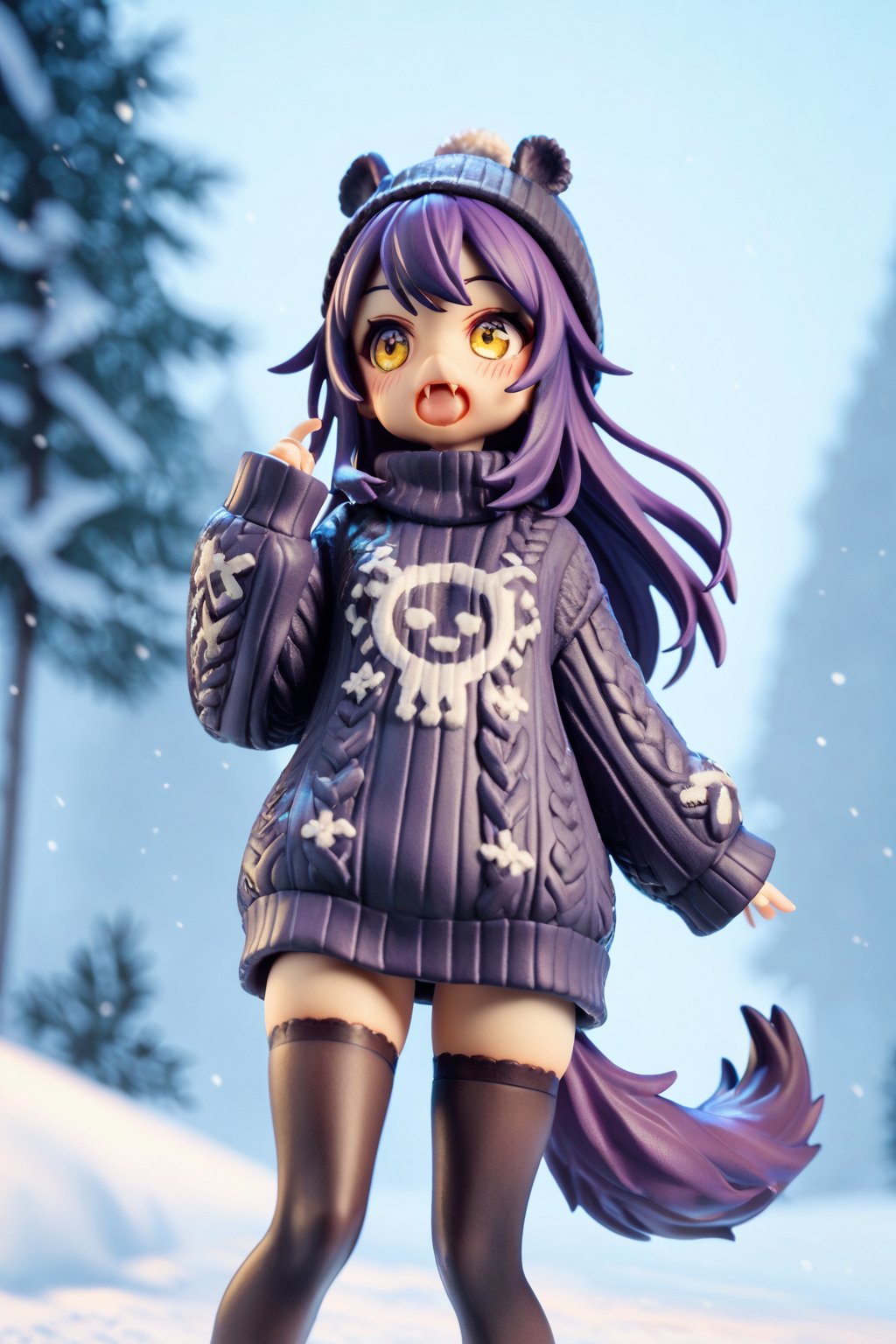 score_9,score_8_up,score_7_up,ClrSkt, 1girl, :o, animal ears, beanie, black thighhighs, blush, fang, hat, open mouth, purple hair, solo, sweater, tail, thighhighs, yellow eyes, snow, outdoors,3D,PVC Style