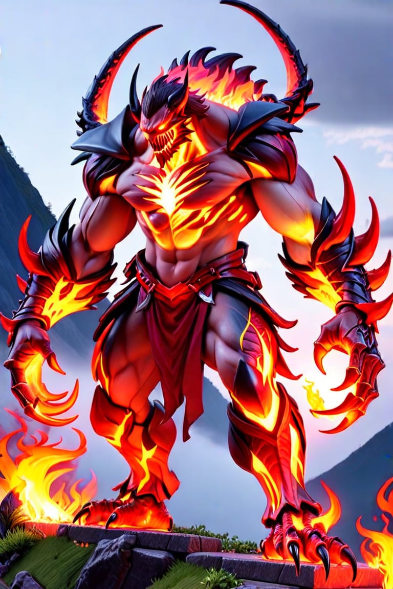 an evil man stands on a hill top. He uses the magic spell and turns into a powerful fire magic \(ek_ge1frt\) monster,ek_game_3ffect,red_scales,Large_claws,3D,PVC