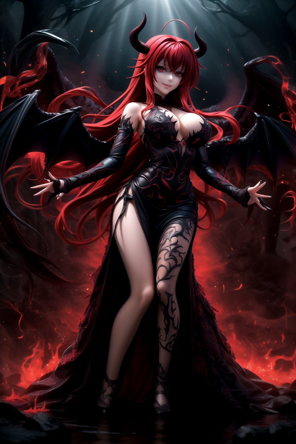 (best quality), (highly detailed), masterpiece, (official art), Rias Gremory as a malevole demon , lips evil smile, with long flowing red hair and a delicate ahoge, darkness black wings spread wide behind her. She is wearing a intricatr, elegant black gown that flows gracefully around her, softly billowing as she floats in the hell. Rias stands with her arms,as if welcoming you with a violento and demonic presence, her red eyes. Rays of dark light shine down from the heavens, illuminating her figure, while she hovers among soft, glowing fire. The hell with red rays breaking through, creating atmosphere. Her wings emit a darkness, ethereal light, adding to her demonic presence.