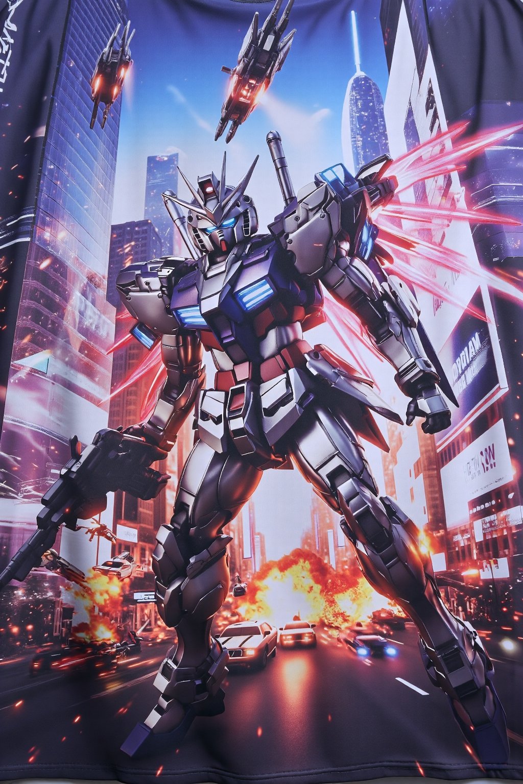 design(A dynamic close-up shot of a gundam warrior in action, his metallic body glistening under neon lights, clashing with enemies on the busy streets of a futuristic city. Exploding vehicles and fire create a chaotic scene. The backdrop features towering skyscrapers with holographic advertisements and flying vehicles whizzing by. The warrior's pose is aggressive, with his glowing energy weapon activated and wings of light emanating from the backpack on his back. The scene is lit with a combination of artificial and natural lighting, creating dramatic shadows.,a 3D rendering of a figurine ,T-shirt)