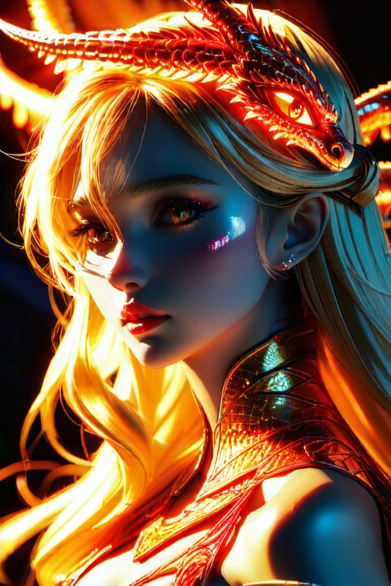 Golden light casts an intimate glow on the woman's piercing gaze, as wispy strands of blond hair dance across her forehead. The delicate threads of her gilded gown seem to be woven into the very fabric of her eye, mirroring the mesmerizing scales of a majestic ruby dragon that appears to be emerging from the shadows.,vibrant_colors,high_resolution,3D,PVC