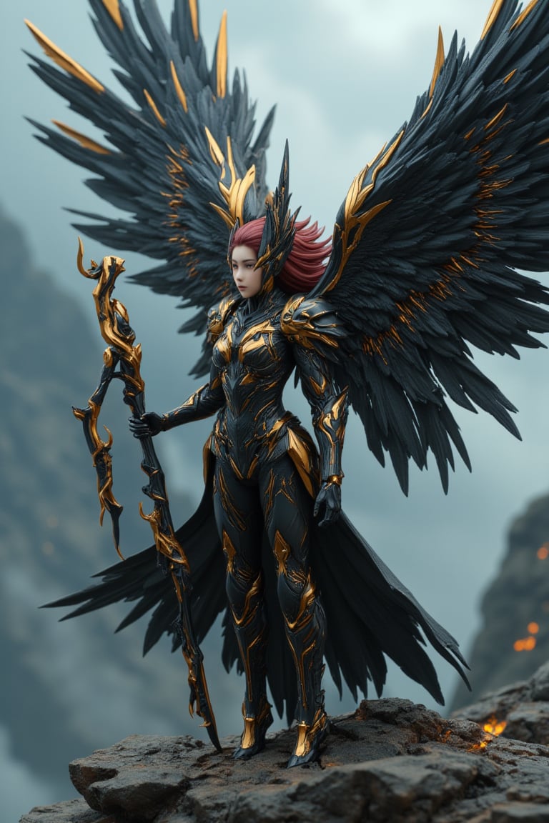 full_body, a young beautiful girl wear a VALKYRIE archangel armored suit, standing cofidently on top of mountain cliff, her (((large, intricately high-tech mecha feathered metal wings))) spread wide as if shielding the viewer from the turbulent weather. The archangel's armor glints with an oil-painted sheen, its intricate details and folds expertly rendered in shades of metallic black carbon fibre and gold steel. (((holding a huge black and gold intricate magic wand))). Her piercing gaze, dark red hair, seems to defy the raging storm, as if calling forth a mighty reckoning.hyperrealism, realistic portrait, photography, true color, subtle lighting, cinematography, Canon EOS R5, RF 85mm, ISO 300, vibrant color, more real realistic, volumetric clear intricate hyper details, volumetric clear texture, clear HD background, ultra HD realistic resolution, realistic shadow, epic fantasy character art, movie still, dramatic shadow, analogue diffusion style, CGSociety, Unreal Engine, Blender rendering, game cinematic, no smoke, mist, or fog, remove blur and noise, Angelic Knight,a 3D rendering of a figurine 