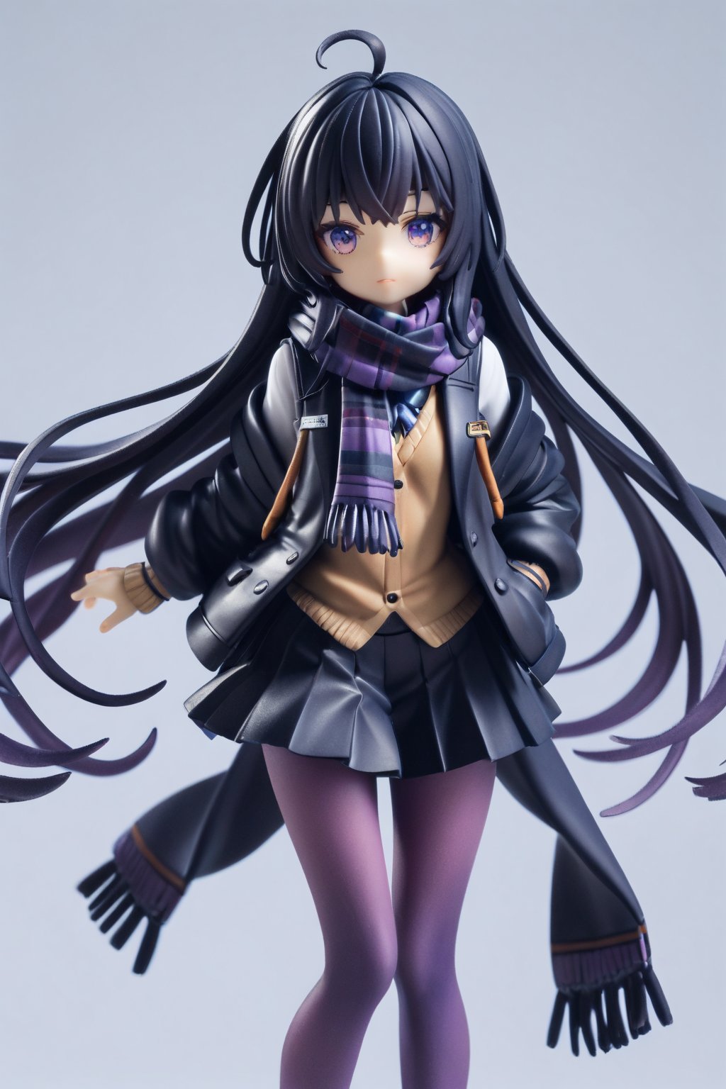 score_9,score_8_up,score_7_up,ClrSkt, 1girl, absurdly long hair, ahoge, black hair, black jacket, black scarf, black skirt, jacket, leaning forward, long hair, long scarf, looking at viewer, open clothes, open jacket, pantyhose, pleated skirt, purple eyes, purple pantyhose, scarf, school uniform, skirt, solo, very long hair, vest,3D,PVC Style