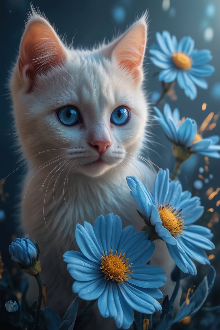 T_shirt,Design(White cat, blue glowing eyes, cute, masterpiece, blue flower)