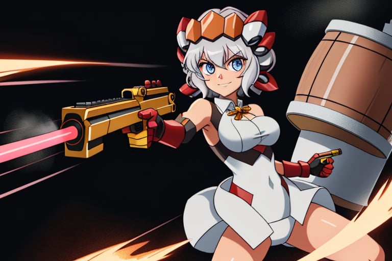 Close-up shot of YukineChris, her eyes locked intensely on the lens as she holds a futuristic-looking Gatling gun in each hand. The guns' rotating barrels spin rapidly, casting a metallic whirring sound against the darkened background. Her pose exudes confidence and authority, with one gun pointing directly at the camera while the other is cocked and ready to fire.