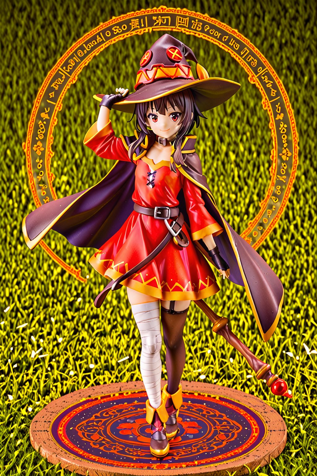 score_9, score_8_up, score_7_up, masterpiece, best quality, high quality, detailed, extremely detailed,
official_art,

1girl, megumin (konosuba), nimugempnxl, short hair, black hair, red eyes, short hair with long locks, beautiful face, kawaii,

thighhighs, gloves, hat, dress, black gloves, belt, black thighhighs, fingerless gloves, cape, collar, witch hat, bandages, red dress, single thighhigh, asymmetrical legwear, bandaged leg,
solo, cowboy shot, fantasy field, 

, ((holding big wood staff)), magic effect, many, magic circle, Thunder, night, from above,

5_fingers, beautiful_female_fingers, score_9_up,3D,PVC Style