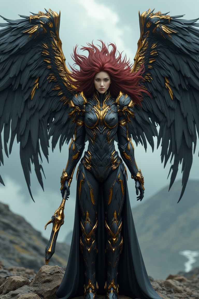 full_body, a young beautiful girl wear a VALKYRIE archangel armored suit, standing cofidently on top of mountain cliff, her (((large, intricately high-tech mecha feathered metal wings))) spread wide as if shielding the viewer from the turbulent weather. The archangel's armor glints with an oil-painted sheen, its intricate details and folds expertly rendered in shades of metallic black carbon fibre and gold steel. (((holding a huge black and gold intricate magic wand))). Her piercing gaze, dark red hair, seems to defy the raging storm, as if calling forth a mighty reckoning.hyperrealism, realistic portrait, photography, true color, subtle lighting, cinematography, Canon EOS R5, RF 85mm, ISO 300, vibrant color, more real realistic, volumetric clear intricate hyper details, volumetric clear texture, clear HD background, ultra HD realistic resolution, realistic shadow, epic fantasy character art, movie still, dramatic shadow, analogue diffusion style, CGSociety, Unreal Engine, Blender rendering, game cinematic, no smoke, mist, or fog, remove blur and noise, Angelic Knight,a 3D rendering of a figurine 