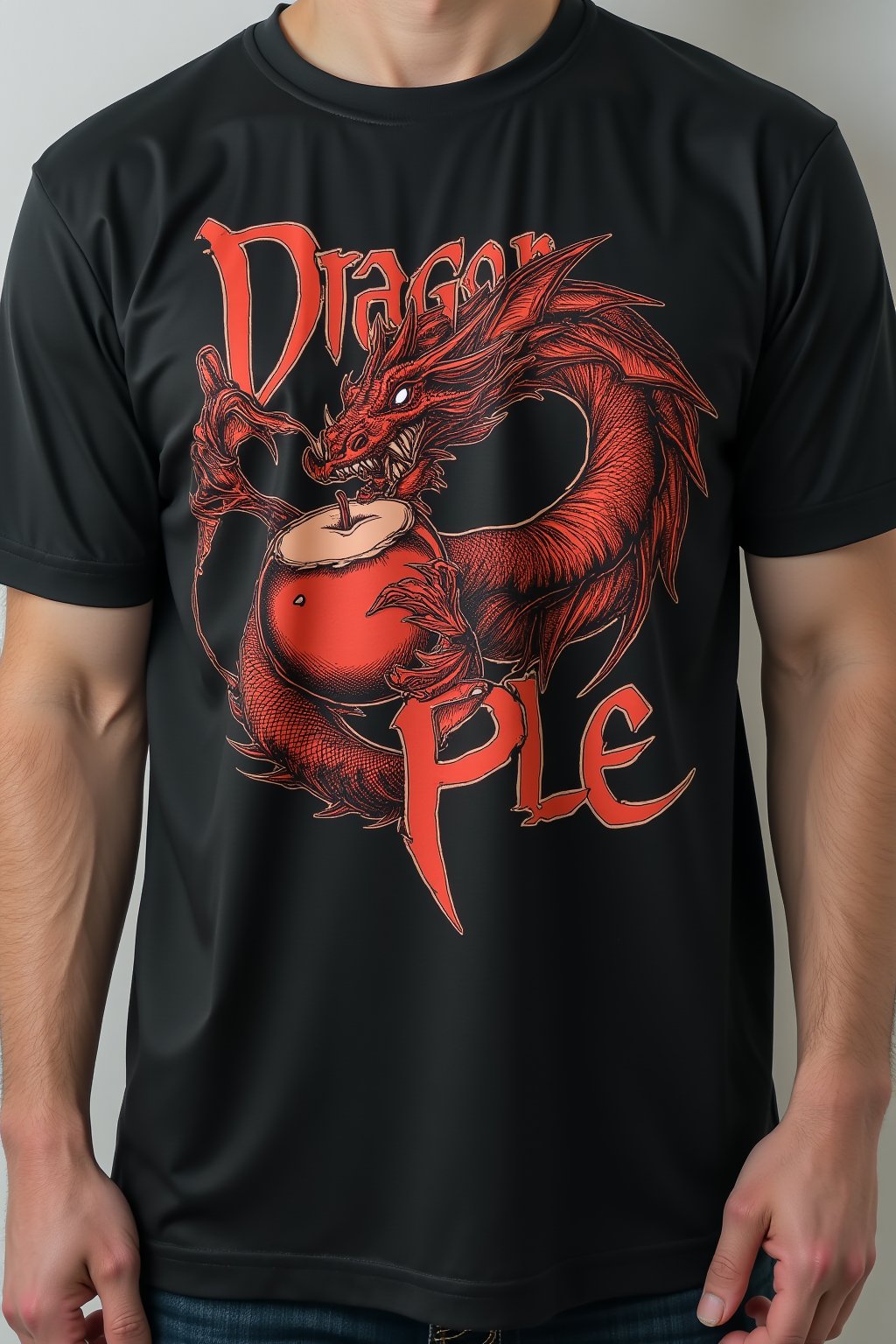 T_shirt,Design(simple logo of dragon eating apple
intricate text "DragonPle"),full length shirt