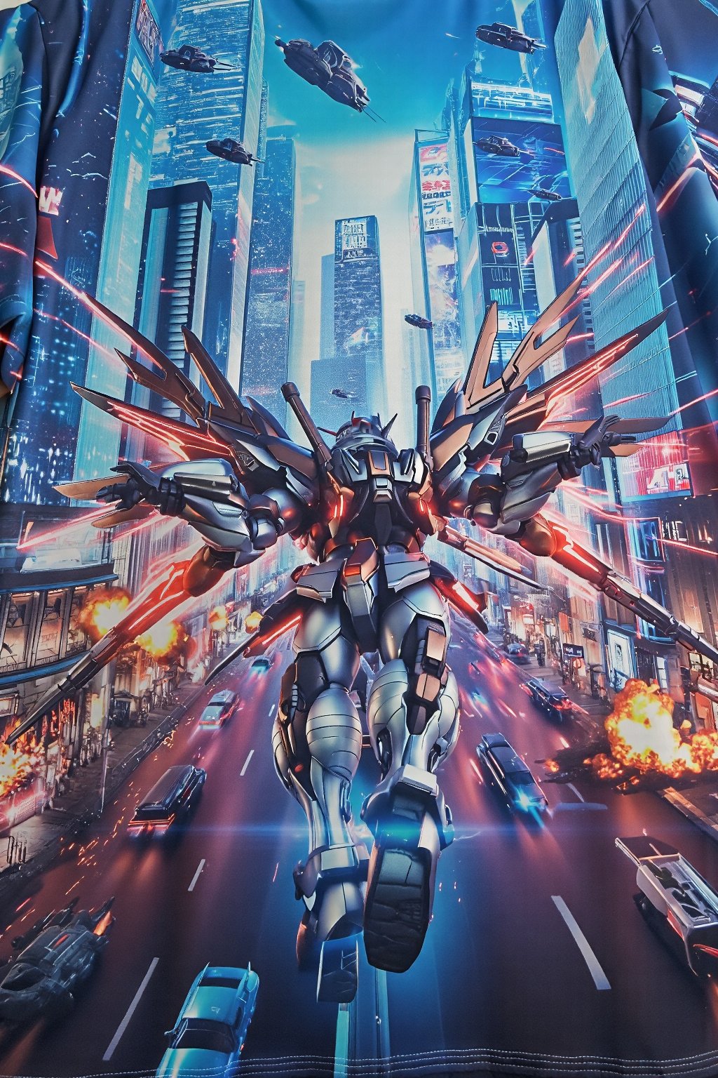 design(A dynamic close-up shot of a gundam warrior in action, his metallic body glistening under neon lights, clashing with enemies on the busy streets of a futuristic city. Exploding vehicles and fire create a chaotic scene. The backdrop features towering skyscrapers with holographic advertisements and flying vehicles whizzing by. The warrior's pose is aggressive, with his glowing energy weapon activated and wings of light emanating from the backpack on his back. The scene is lit with a combination of artificial and natural lighting, creating dramatic shadows.,a 3D rendering of a figurine ,T-shirt), looking from a distance