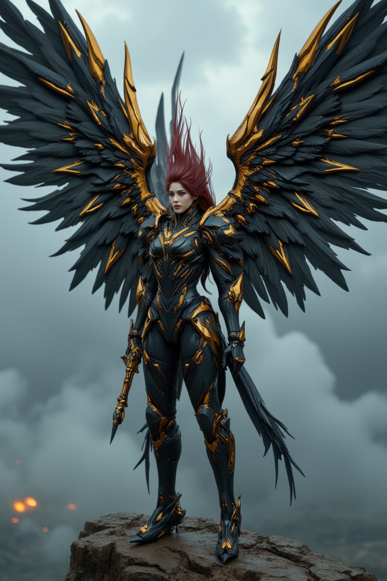 full_body, a young beautiful girl wear a VALKYRIE archangel armored suit, standing cofidently on top of mountain cliff, her (((large, intricately high-tech mecha feathered metal wings))) spread wide as if shielding the viewer from the turbulent weather. The archangel's armor glints with an oil-painted sheen, its intricate details and folds expertly rendered in shades of metallic black carbon fibre and gold steel. (((holding a huge black and gold intricate magic wand))). Her piercing gaze, dark red hair, seems to defy the raging storm, as if calling forth a mighty reckoning.hyperrealism, realistic portrait, photography, true color, subtle lighting, cinematography, Canon EOS R5, RF 85mm, ISO 300, vibrant color, more real realistic, volumetric clear intricate hyper details, volumetric clear texture, clear HD background, ultra HD realistic resolution, realistic shadow, epic fantasy character art, movie still, dramatic shadow, analogue diffusion style, CGSociety, Unreal Engine, Blender rendering, game cinematic, no smoke, mist, or fog, remove blur and noise, Angelic Knight,a 3D rendering of a figurine 