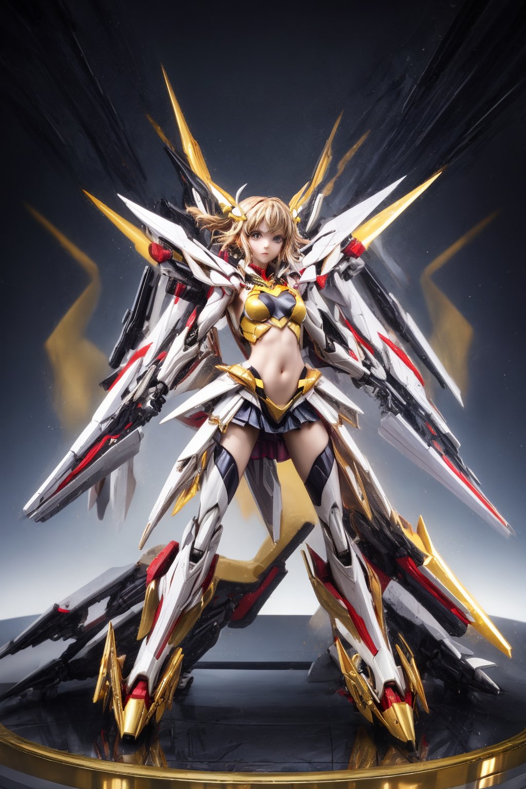 mechskirt(yellow armor),(kung_fu dojo background), full-body_portrait, More Detail,porcelain_art,add detail, Energy light particle mecha,score_9_up,score_8_up,score_7_up,3D,thflex,kung fu, hair ornament,short hair,hibiki tachibana, navel,Golden Warrior Mecha,bodysuit