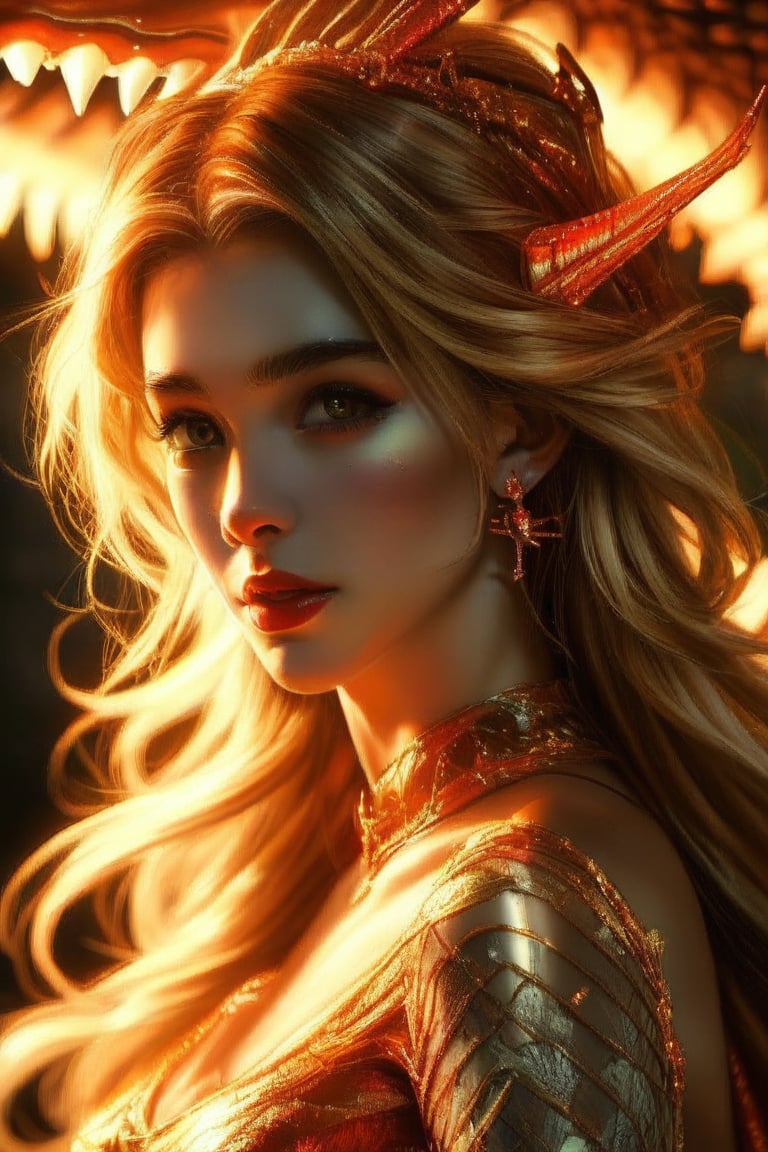 Golden light casts an intimate glow on the woman's piercing gaze, as wispy strands of blond hair dance across her forehead. The delicate threads of her gilded gown seem to be woven into the very fabric of her eye, mirroring the mesmerizing scales of a majestic ruby dragon that appears to be emerging from the shadows.