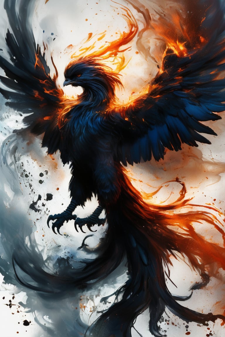 A majestic phoenix's silhouette stands out against a mesmerizing backdrop of swirling ink brushstrokes. The phoenix's piercing gaze meets the viewer's as it rises from the ashes, suspended in a dramatic ascent pose. A veil of ink rain and smoke surrounds the subject, with delicate droplets glistening like tiny jewels. Masterfully crafted digital art with a professional touch, this stunning image exudes a sense of mastery.,3D,PVC