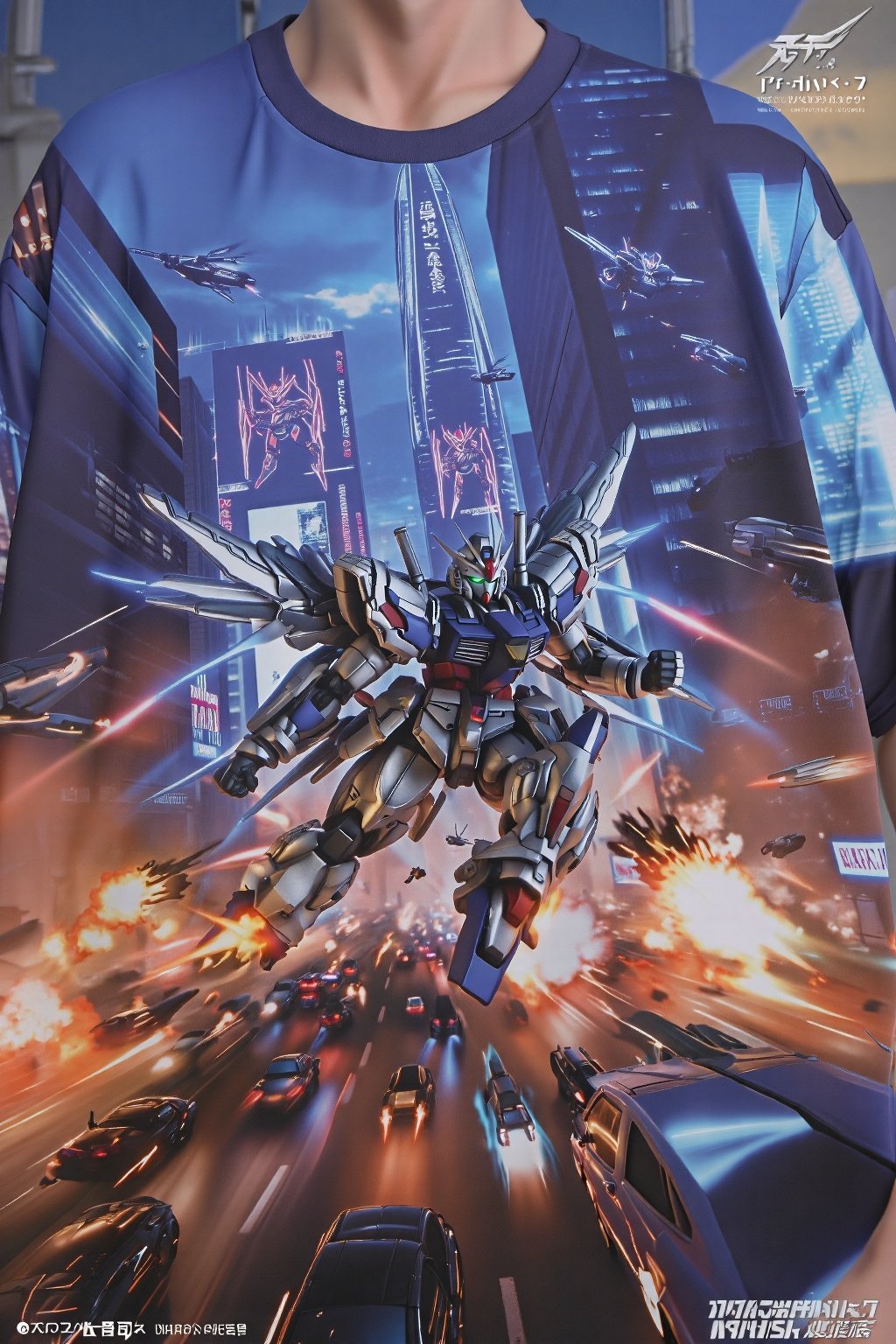 design(A dynamic close-up shot of a gundam warrior in action, his metallic body glistening under neon lights, clashing with enemies on the busy streets of a futuristic city. Exploding vehicles and fire create a chaotic scene. The backdrop features towering skyscrapers with holographic advertisements and flying vehicles whizzing by. The warrior's pose is aggressive, with his glowing energy weapon activated and wings of light emanating from the backpack on his back. The scene is lit with a combination of artificial and natural lighting, creating dramatic shadows.,a 3D rendering of a figurine ,T-shirt), looking from a distance