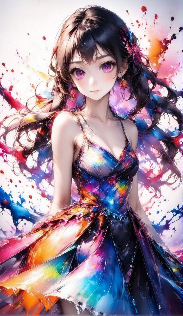 A very beautiful anime girl dressing a elegant dress, her dress is made by ink, looking at viewer, radiant gaze, (front view), upper body, close up, ink brushstrokes in background mastepiece quality, stunning image, colorful, Ink art style.,3D,PVC,vibrant_colors,high_resolution