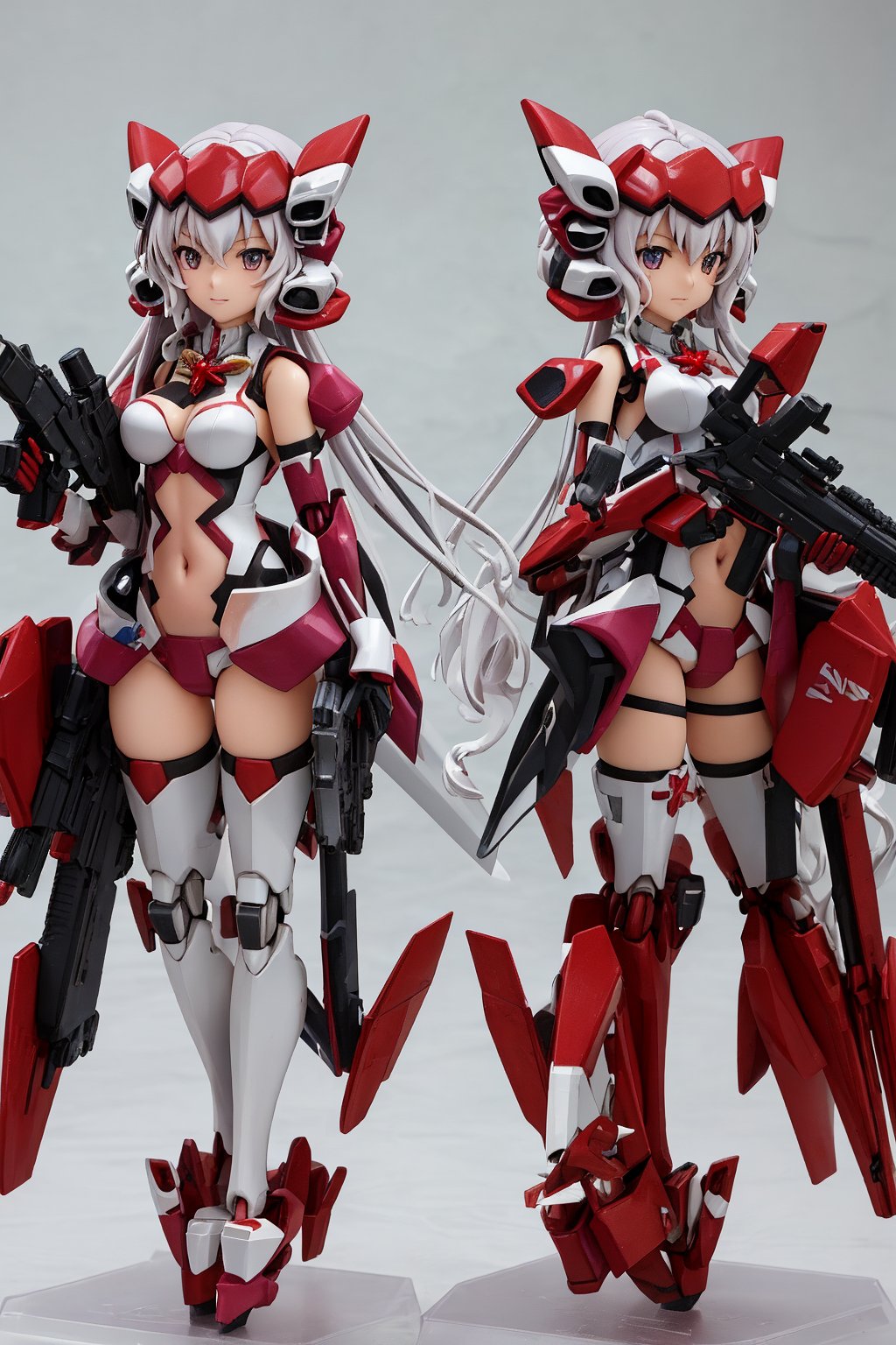 YukineChris,mechskirt, holding 2guns(gattling guns), multiple explosions in the background, close_up on face, More Detail,mecha musume,figma, score_9_up