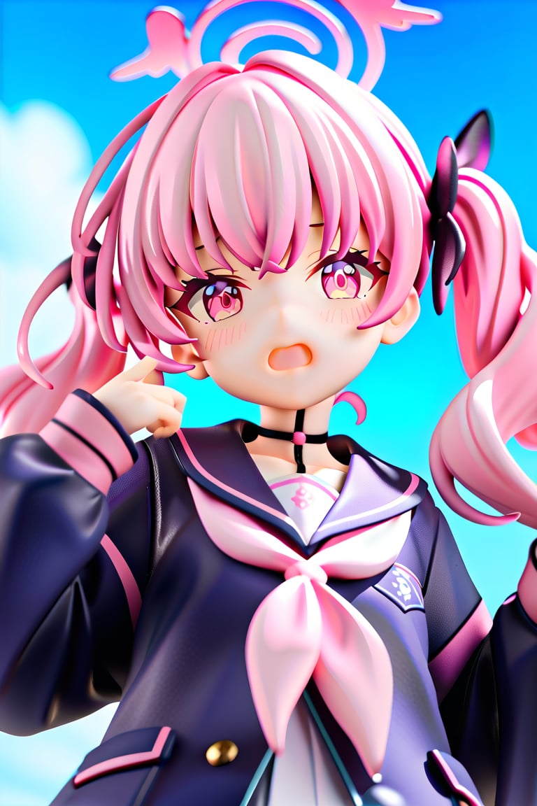 masterpiece, best quality, 1girl, pink hair, pink eyes, looking at viewer, confused look, open mouth, embarrassed, school uniform, blue sky, cloud trail, twintails, score_9_up, score_8_up,score_7_up,3D,PVC Style,Koharu (blue archive),Koharu Shimoe