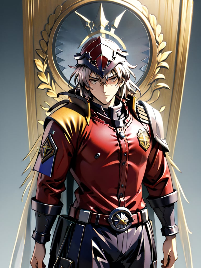 A dramatic close-up shot of a solo, anime-style male figure in full armor, donning a majestic red cape with a flowing plume. He holds a sturdy polearm in one hand and a shield emblazoned with his emblem in the other. His helmet is adorned with a gleaming crest, and his gaze is fixed intently on the viewer. The 3D PVC figure's dynamic pose exudes confidence and strength.masterpiece,best quality, score_9_up, score_8_up, score_7_up,tshee00d,vector style