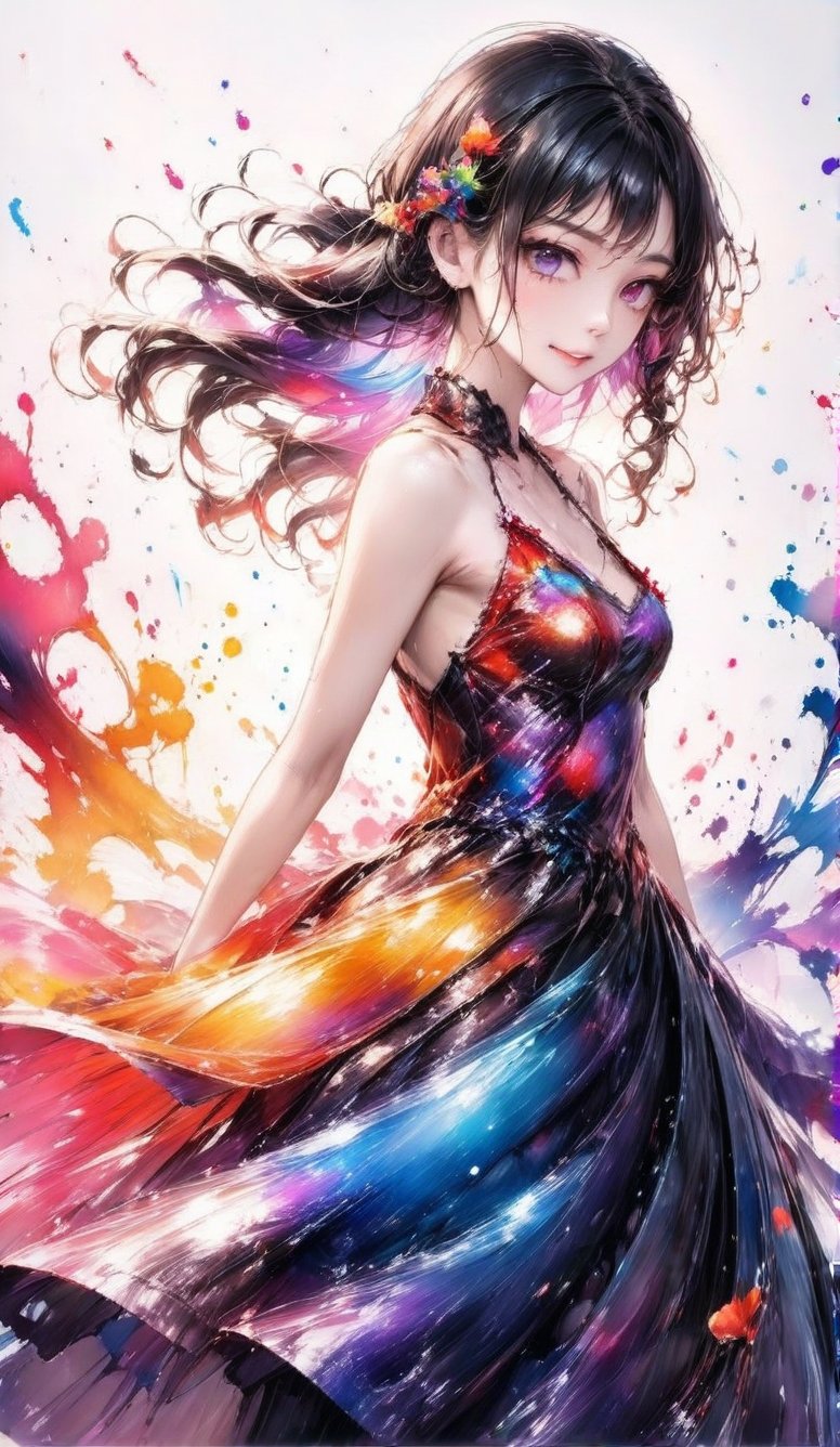 A very beautiful anime girl dressing a elegant dress, her dress is made by ink, looking at viewer, radiant gaze, (front view), upper body, close up, ink brushstrokes in background mastepiece quality, stunning image, colorful, Ink art style.,3D,PVC,vibrant_colors,high_resolution