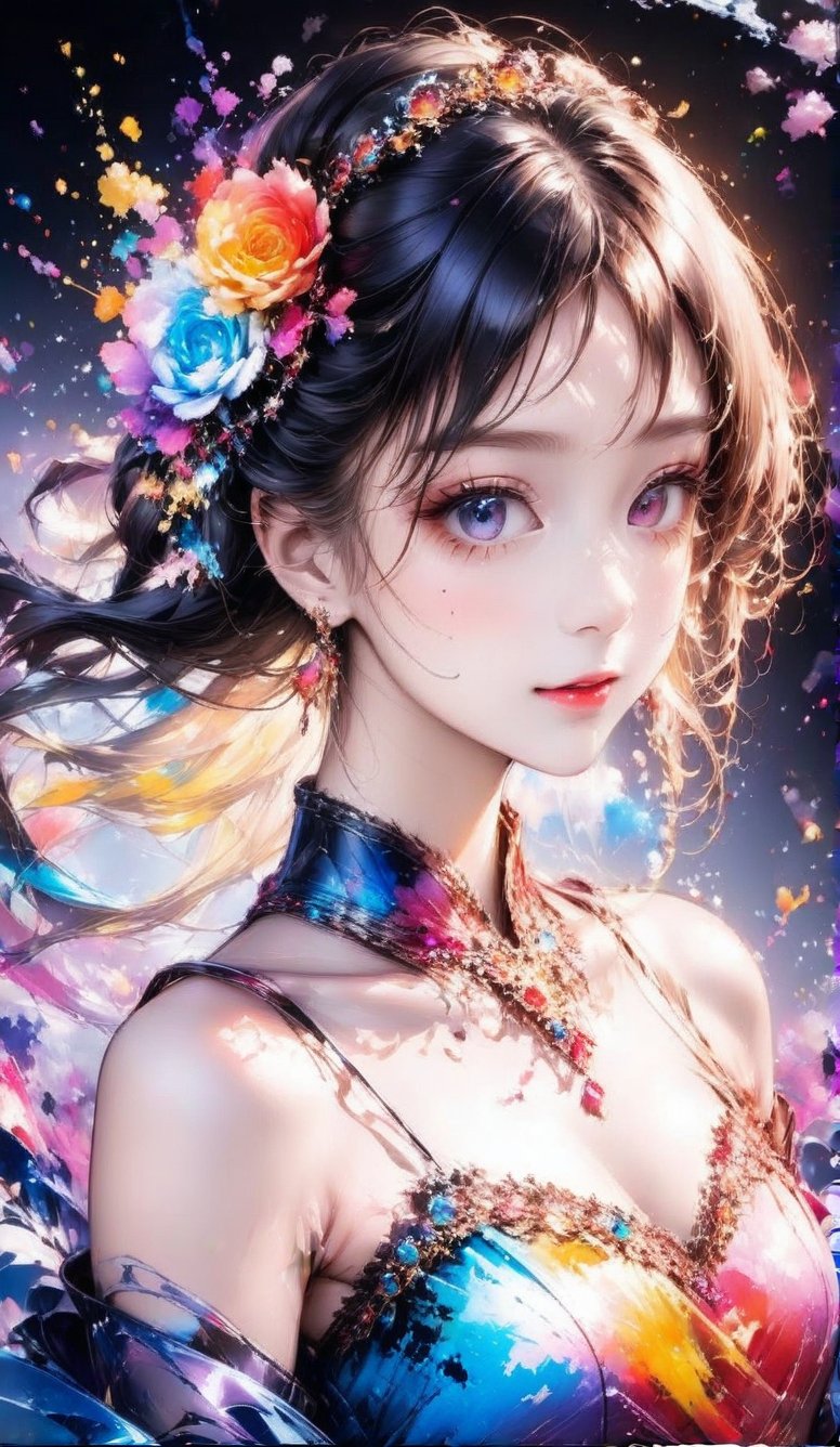 A very beautiful anime girl dressing a elegant dress, her dress is made by ink, looking at viewer, radiant gaze, (front view), upper body, close up, ink brushstrokes in background mastepiece quality, stunning image, colorful, Ink art style.,3D,PVC,vibrant_colors,high_resolution