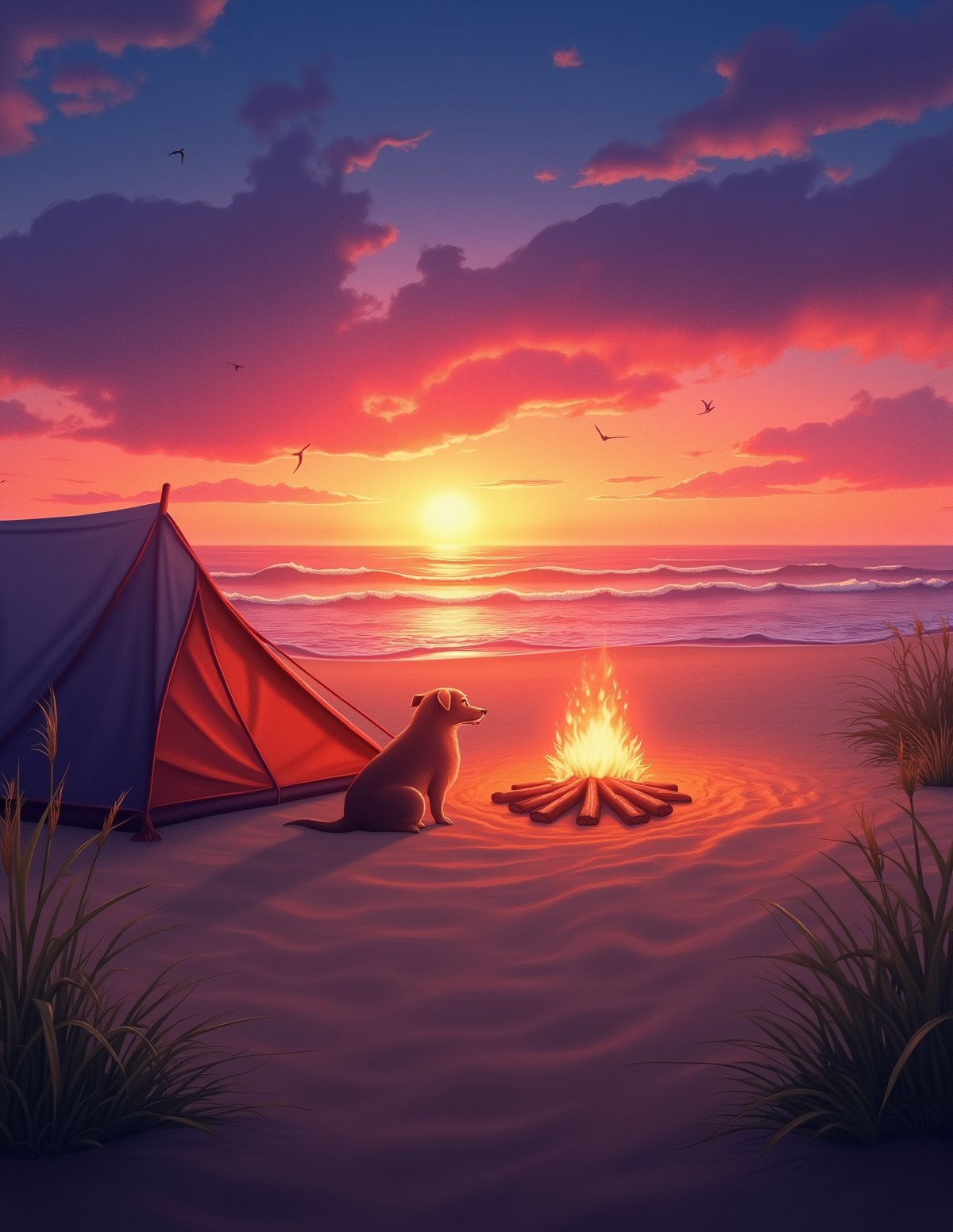 T_shirt,Design(A breathtaking 4K  wallpaper unfolds: Tourist tent, pretty dog, nestles beside a crackling campfire on a tranquil beach at sunset. Warm flames dance across the smooth sand as the sky transforms into a kaleidoscope of orange, pink, and purple hues. Gentle waves caress the shoreline, mirroring the vibrant colors above. Tall grasses whisper in the evening breeze, their gentle sway harmonizing with the lapping surf. Seabirds glide effortlessly across the sky, adding to the serene atmosphere. The only sounds are the campfire's crackle and the soothing melody of the waves. A sense of quiet reflection and timeless beauty permeates the scene, inviting viewers to weave their own stories around this nostalgic moment.),full length shirt