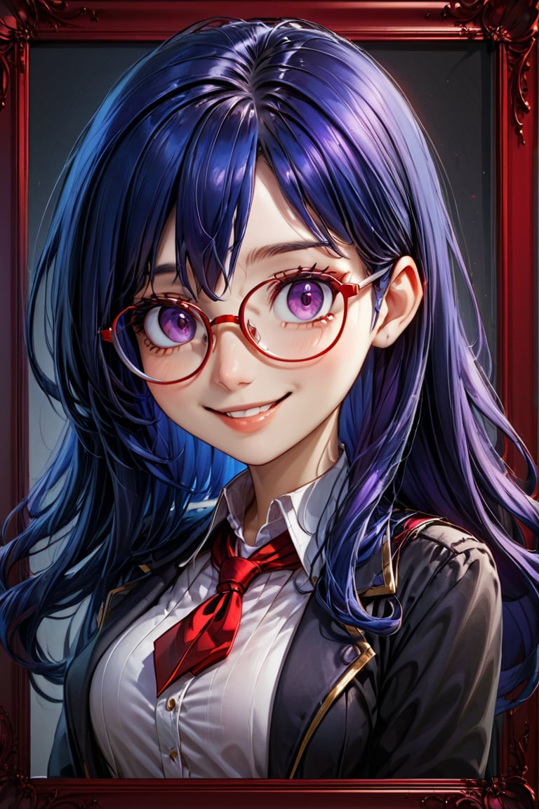 dark_blue hair,red-framed_glasses,long_hair,purple_eyes, score_9_up, score_8_up,score_7_up,3D, portrait, small_smile,Expressiveh,concept art,dark theme