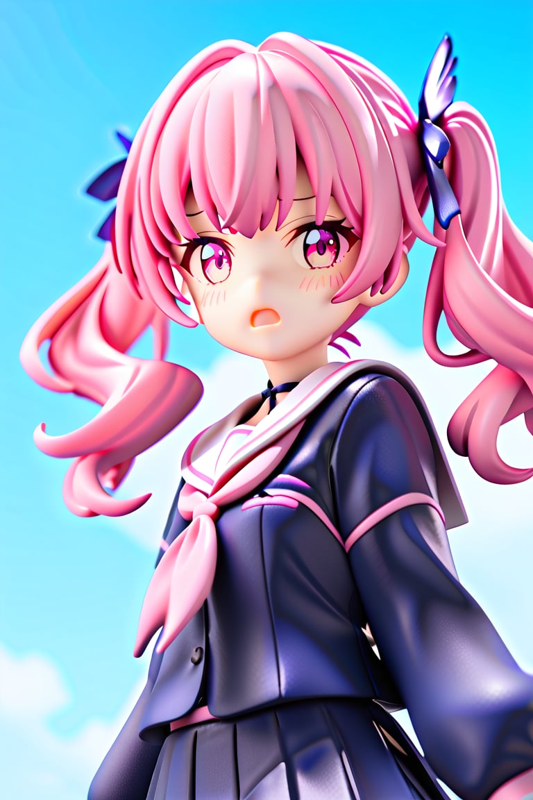 masterpiece, best quality, 1girl, pink hair, pink eyes, looking at viewer, confused look, open mouth, embarrassed, school uniform, blue sky, cloud trail, twintails, score_9_up, score_8_up,score_7_up,3D,PVC Style,Koharu Shimoe