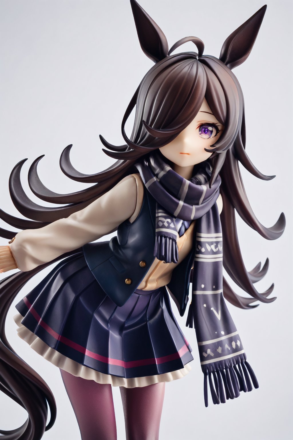 score_9,score_8_up,score_7_up,ClrSkt, 1girl, absurdly long hair, ahoge, black hair, black jacket, black scarf, black skirt, jacket, leaning forward, long hair, long scarf, looking at viewer, open clothes, open jacket, pantyhose, pleated skirt, purple eyes, purple pantyhose, scarf, school uniform, skirt, solo, very long hair, vest,3D,PVC Style,riceshowerXL,RICE SHOWER (UMAMUSUME), ANIMAL EARS,HAIR OVER ONE EYE,HORSE EARS, HORSE GIRL, HORSE TAIL,LONG HAIR, VIOLET EYES