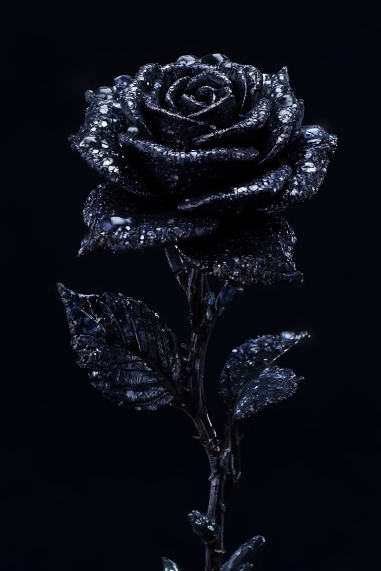 Macro Photography, a rose made out of black diamonds, shining starlight, Extreme Detail, Professional Photography, fine art, water droplets on black diamonds rose petals,resin,a 3D rendering of a figurine 