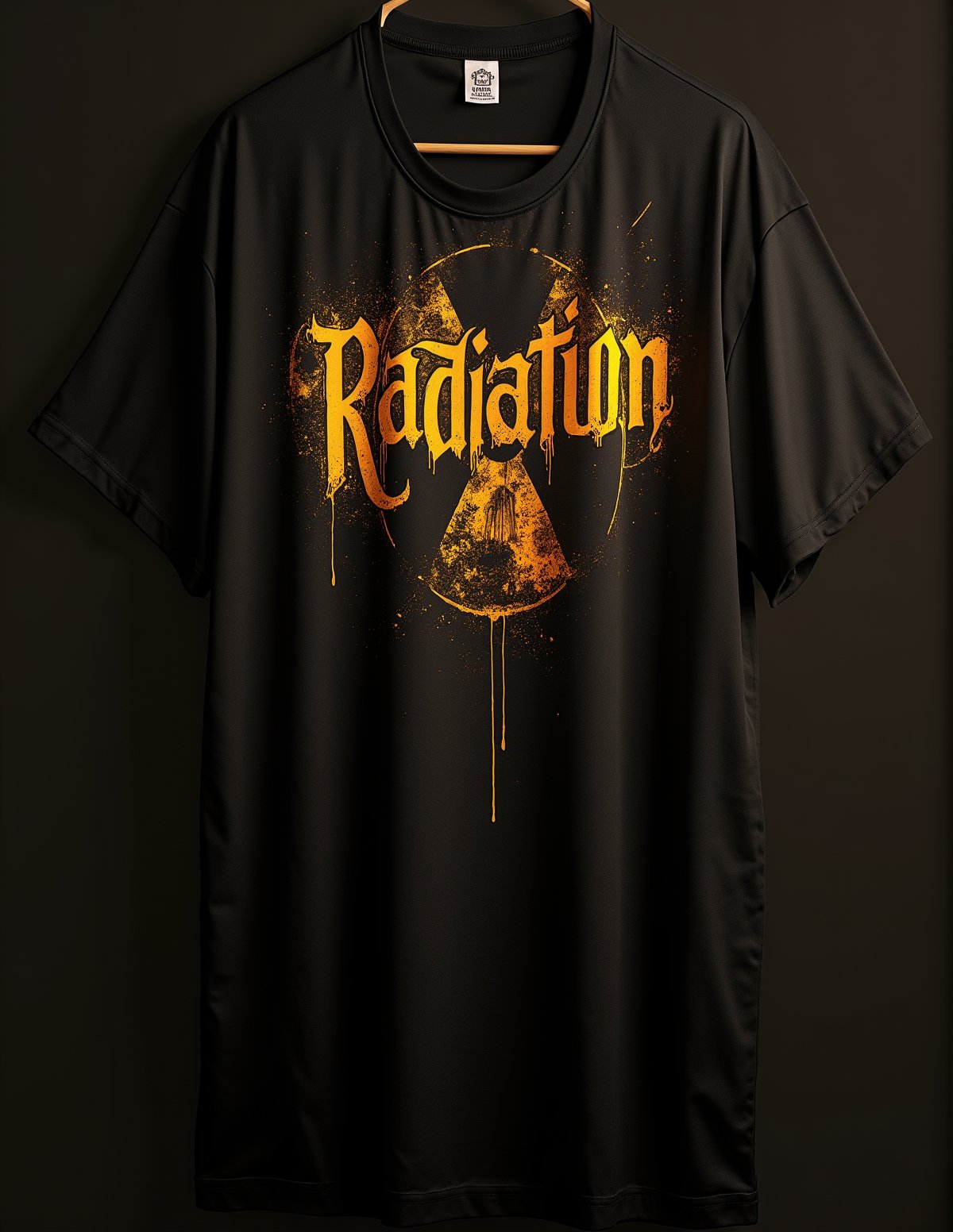 T_shirt,Design((best quality, masterpiece, ultra detailed, 8K, RAW photo), The word "Radiation" written in a beautiful gothic style with golden glowing calligraphy ink over a background of radioactive waste),full length shirt