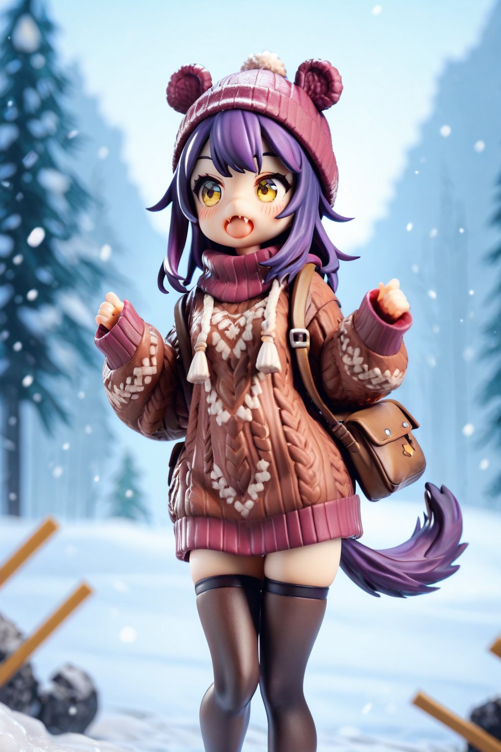 score_9,score_8_up,score_7_up,ClrSkt, 1girl, :o, animal ears, beanie, black thighhighs, blush, fang, hat, open mouth, purple hair, solo, sweater, tail, thighhighs, yellow eyes, snow, outdoors,3D,PVC Style