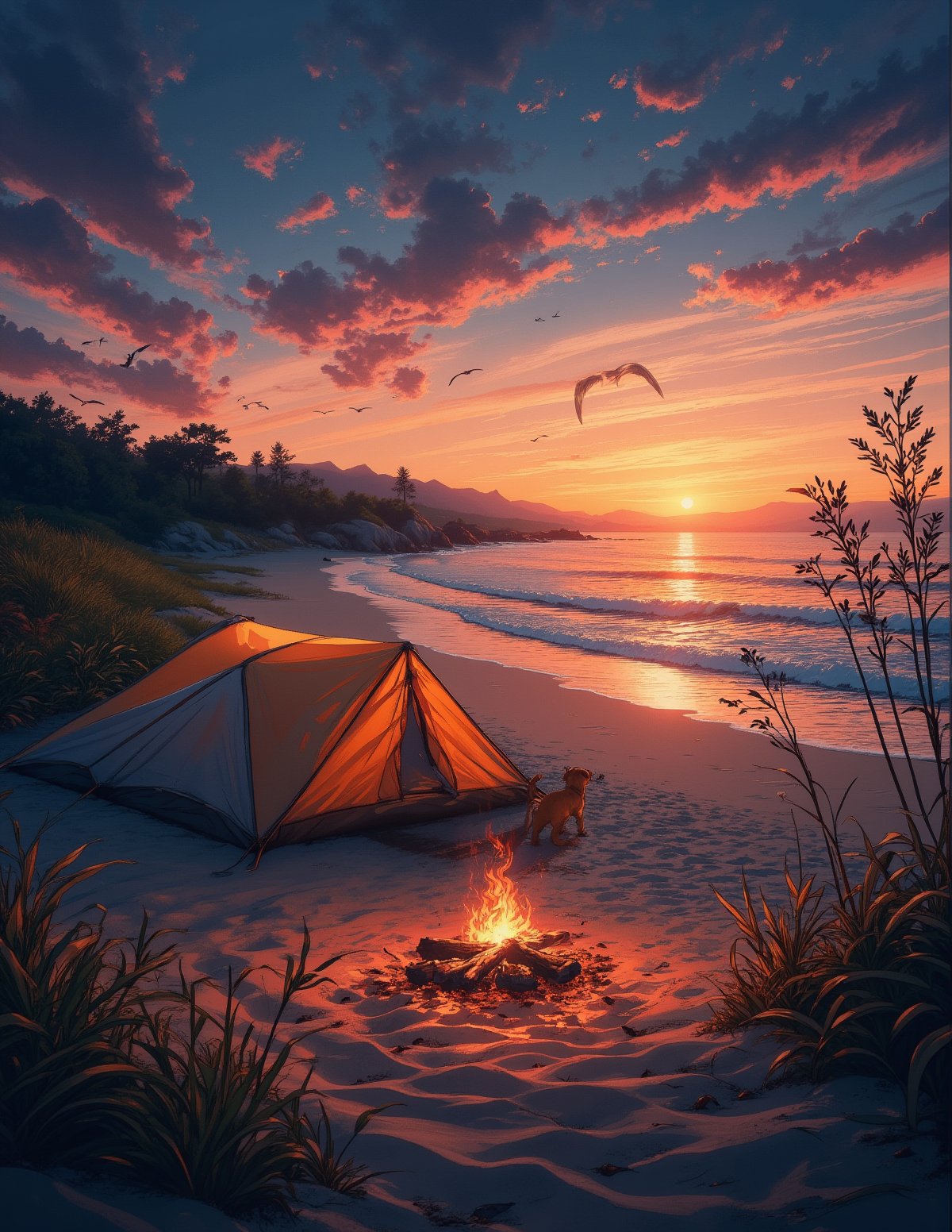 T_shirt,Design(A breathtaking 4K  wallpaper unfolds: Tourist tent, pretty dog, nestles beside a crackling campfire on a tranquil beach at sunset. Warm flames dance across the smooth sand as the sky transforms into a kaleidoscope of orange, pink, and purple hues. Gentle waves caress the shoreline, mirroring the vibrant colors above. Tall grasses whisper in the evening breeze, their gentle sway harmonizing with the lapping surf. Seabirds glide effortlessly across the sky, adding to the serene atmosphere. The only sounds are the campfire's crackle and the soothing melody of the waves. A sense of quiet reflection and timeless beauty permeates the scene, inviting viewers to weave their own stories around this nostalgic moment.),full length shirt